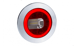 Lampa zespolona tylna LUNA (lewa), HOR 96B: wersja z kołnierzem i metalizowanym pierścieniem, światło pozycyjne NEON, przeciwmgielne, cofania, LED 12/24 V, przewód okrągły 4x0,5 mm2, długość 1,5 m Horpol LZD 2452