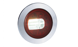 Lampa zespolona tylna LUNA (lewa), HOR 96B: wersja z kołnierzem i metalizowanym pierścieniem, światło pozycyjne NEON, przeciwmgielne, cofania, LED 12/24 V, przewód okrągły 4x0,5 mm2, długość 1,5 m Horpol LZD 2452