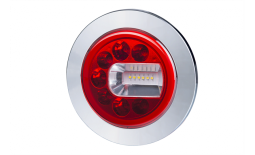 Lampa zespolona tylna LUNA (prawa), HOR 96B: wersja z kołnierzem i metalizowanym pierścieniem, światło pozycyjne NEON, przeciwmgielne, cofania, LED 12/24 V, przewód okrągły 4x0,5 mm2, długość 1,5 m Horpol LZD 2453