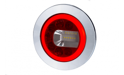 Lampa zespolona tylna LUNA (prawa), HOR 96B: wersja z kołnierzem i metalizowanym pierścieniem, światło pozycyjne NEON, przeciwmgielne, cofania, LED 12/24 V, przewód okrągły 4x0,5 mm2, długość 1,5 m Horpol LZD 2453